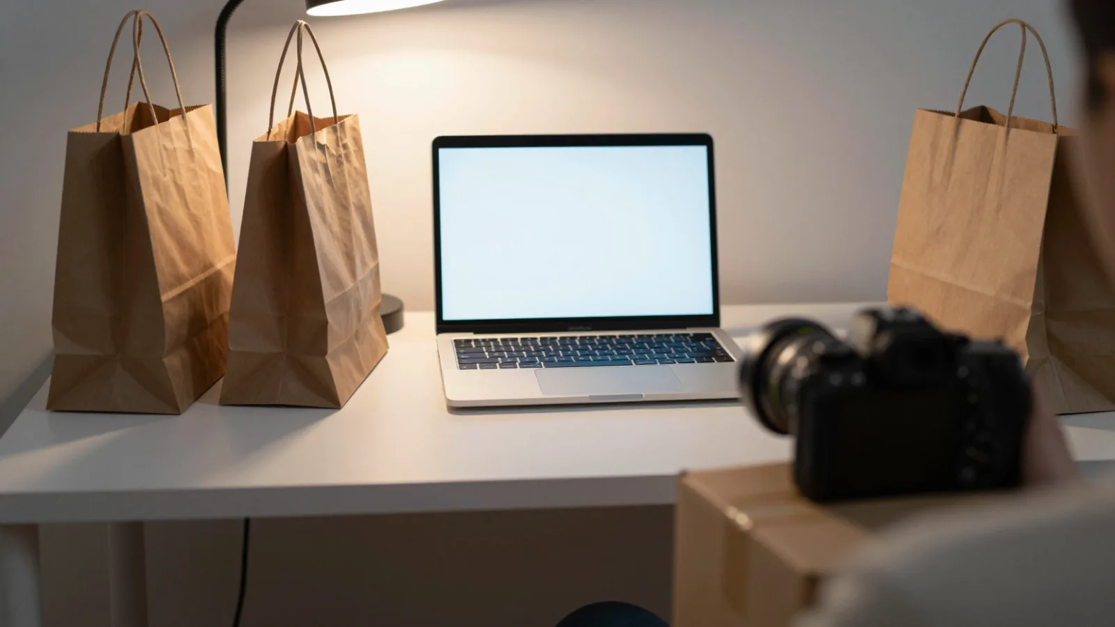Shopping online with packages nearby