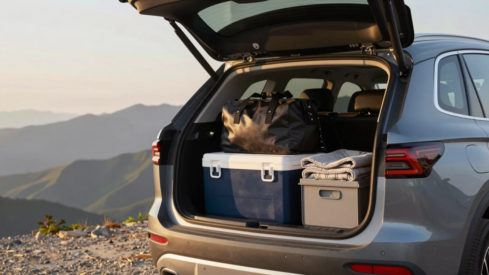 An SUV trunk packed for a road trip at a scenic overlook