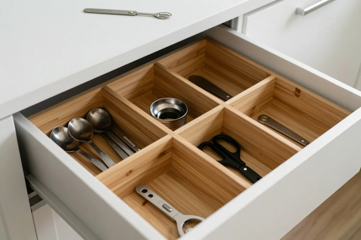 A neatly organized kitchen drawer with dividers after decluttering