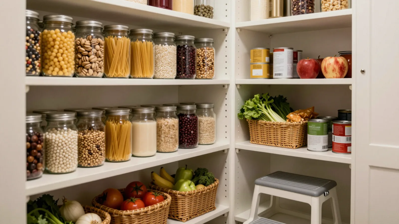 A neatly organized pantry with jars and baskets on shelves