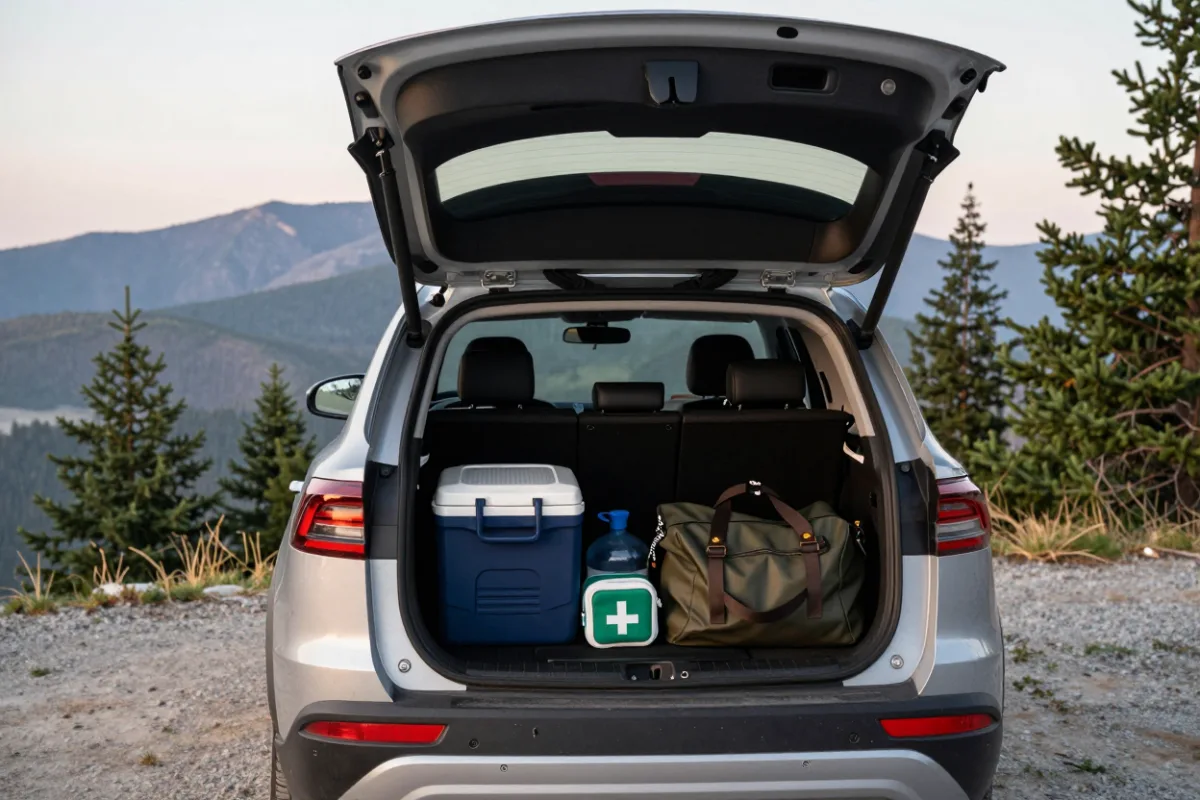 An SUV's trunk packed with a cooler, bags and supplies at a mountain overlook