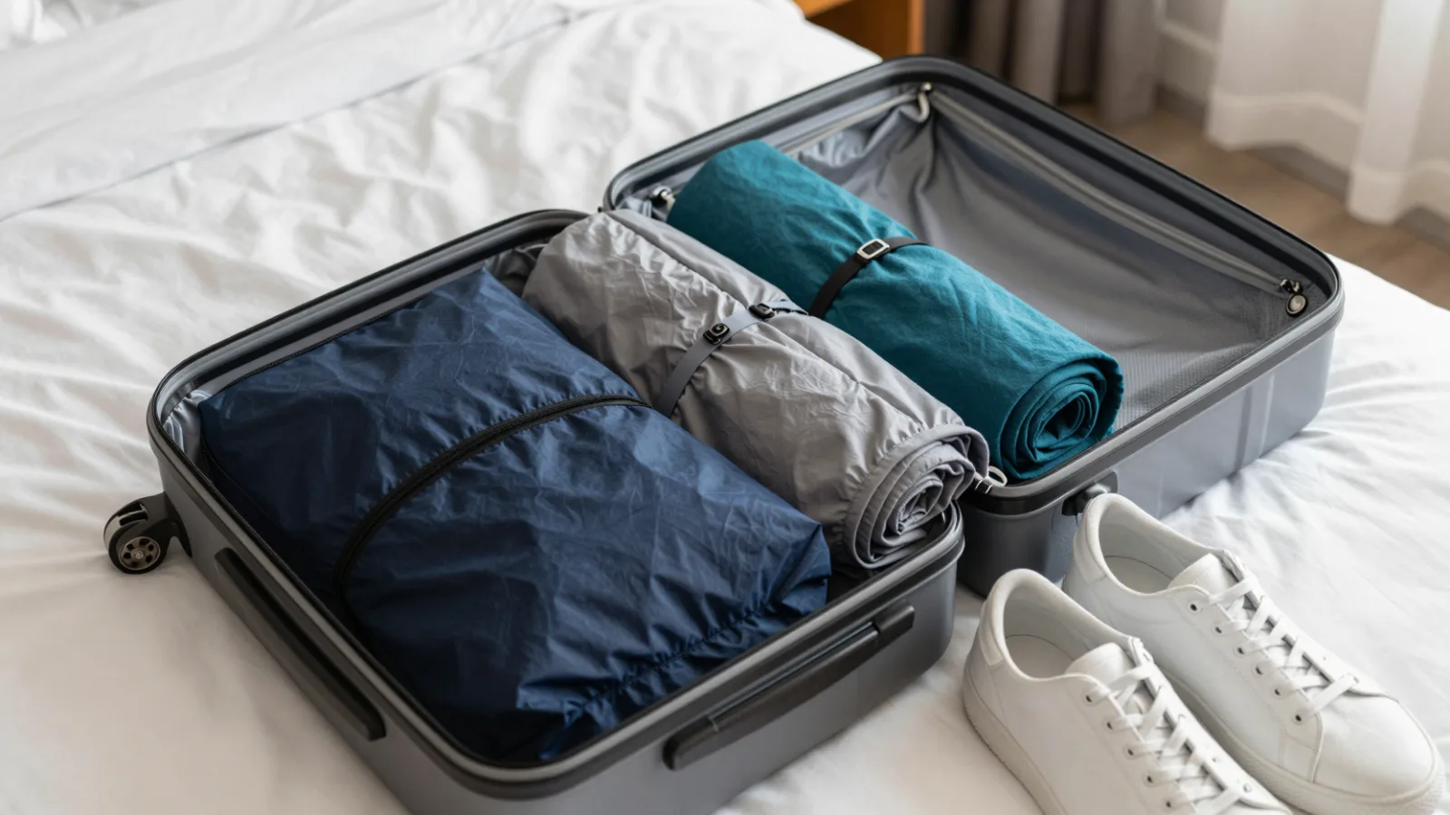 An open carry-on suitcase neatly packed with packing cubes and rolled clothes