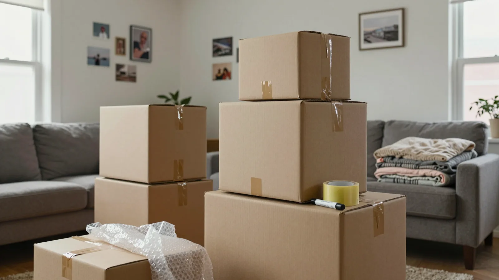 A living room full of packed moving boxes