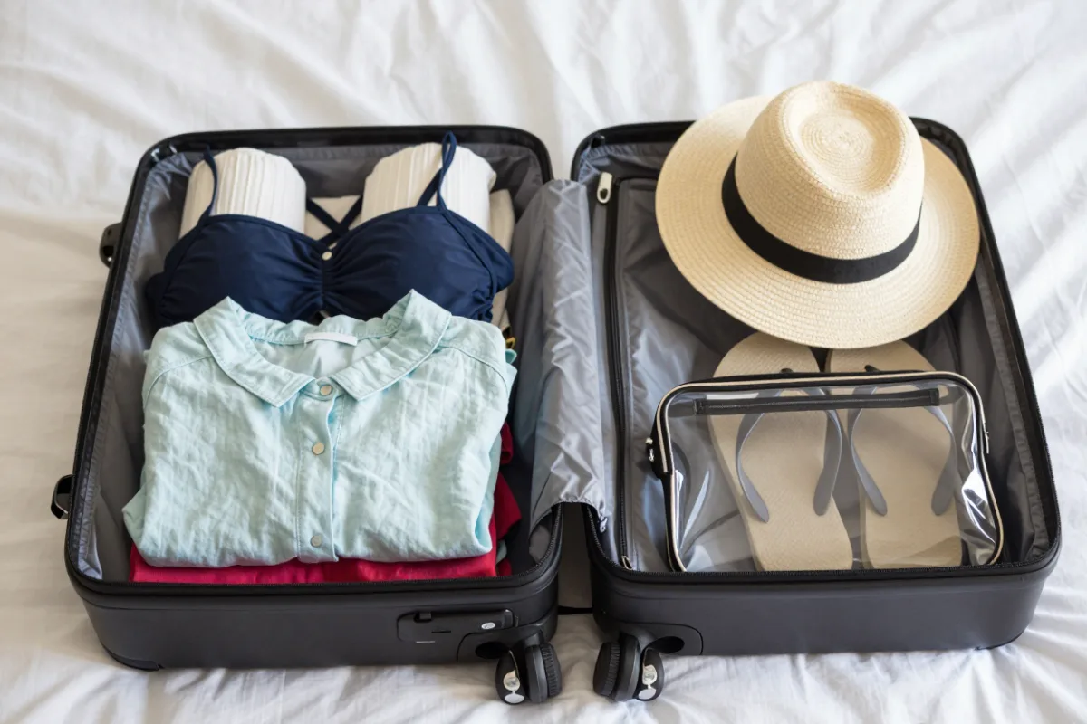 A carry-on suitcase packed for a beach vacation