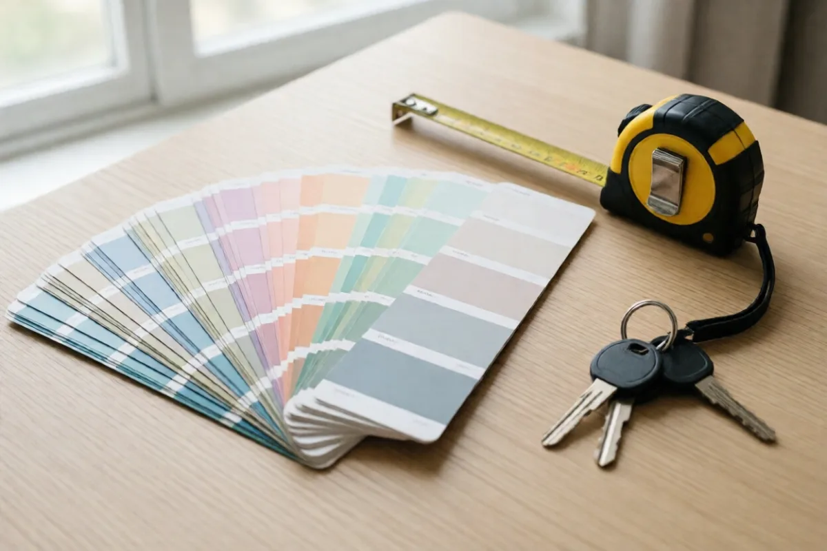 Paint swatches, a tape measure and house keys on a table