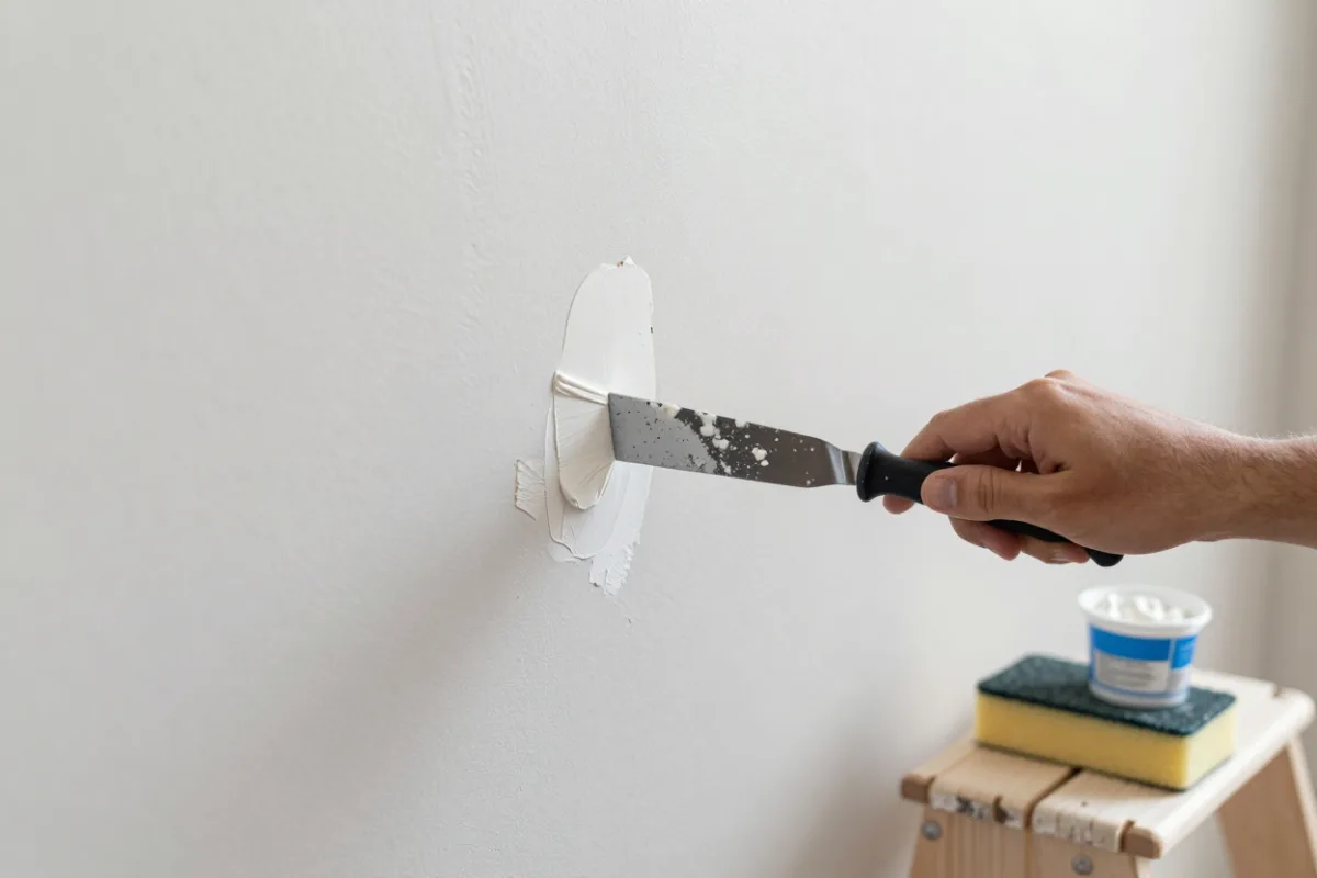 Patching a small hole in a drywall wall with spackle and a putty knife