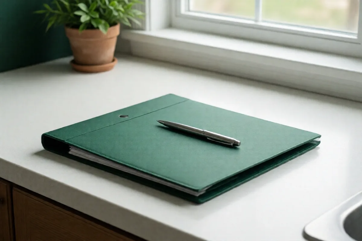 A closed folder and pen on a kitchen island