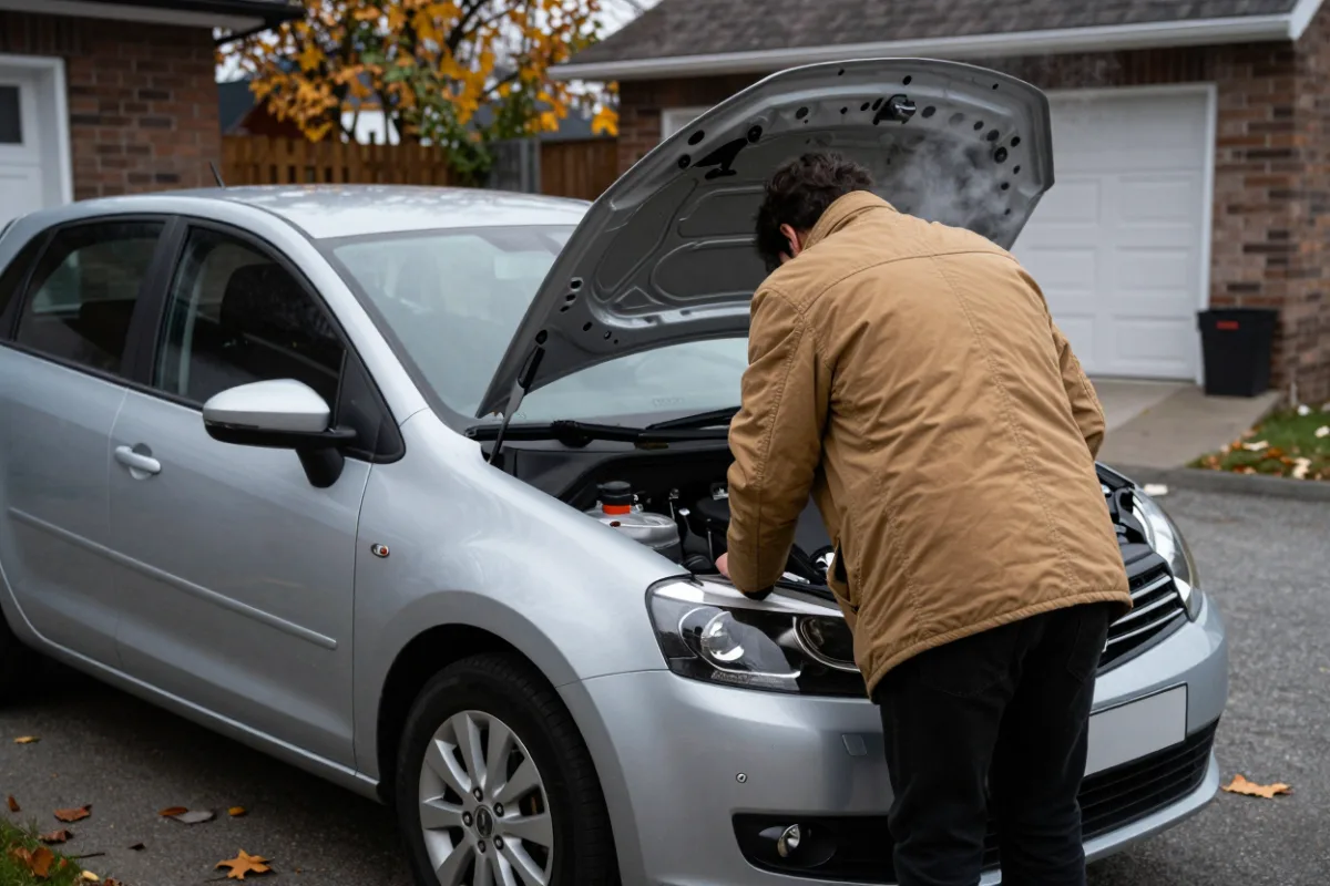 A driver checking under the hood of a car that won't start