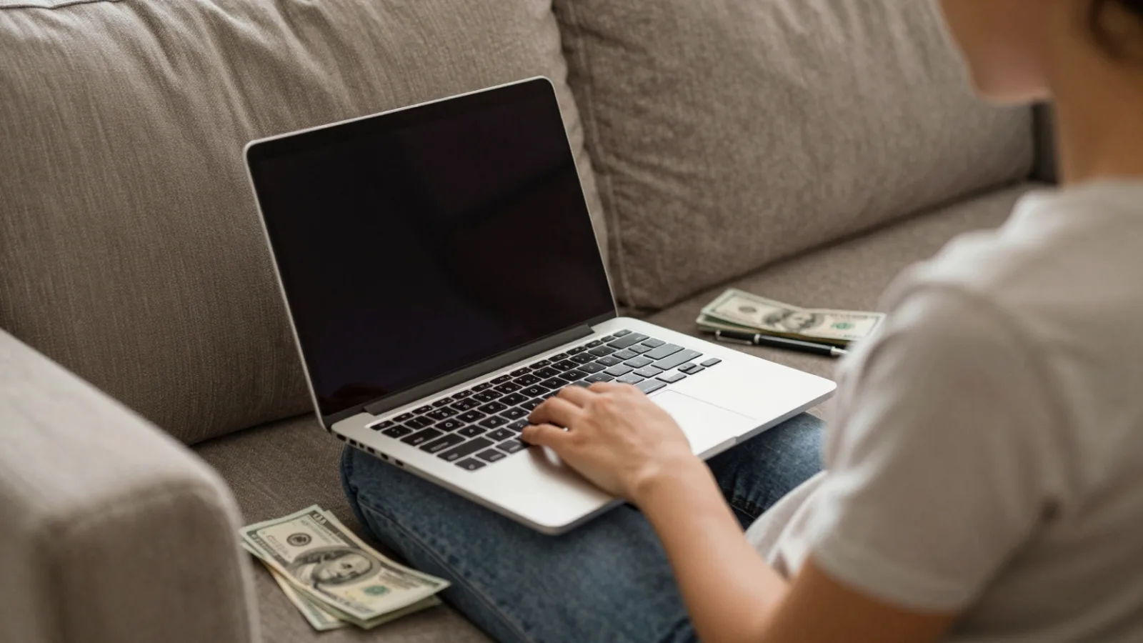 Reviewing credit and bills on a laptop at home