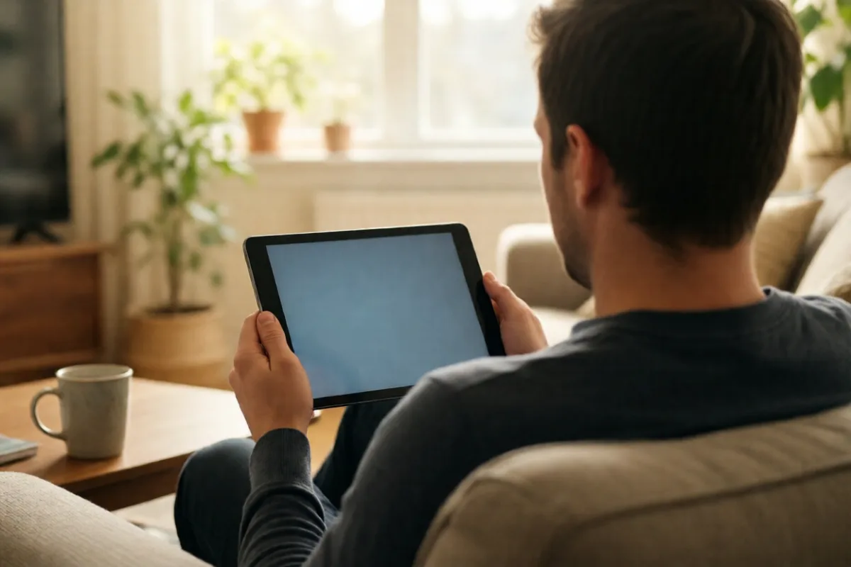 Checking savings account balances on a tablet at home