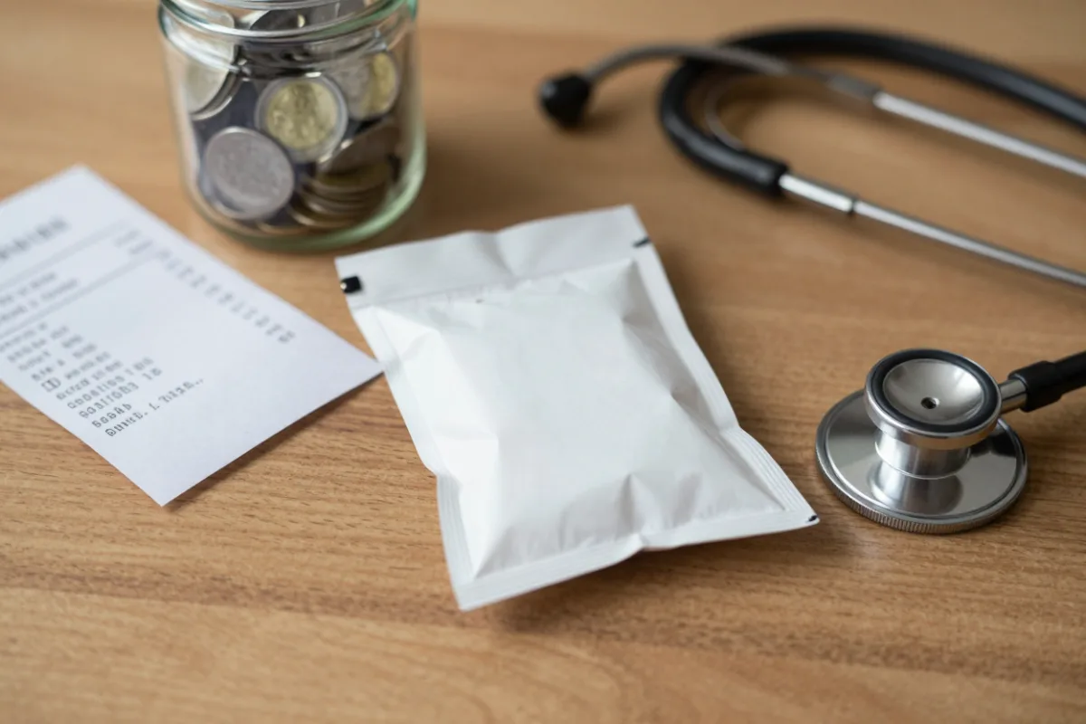 A pharmacy bag and savings jar representing health savings