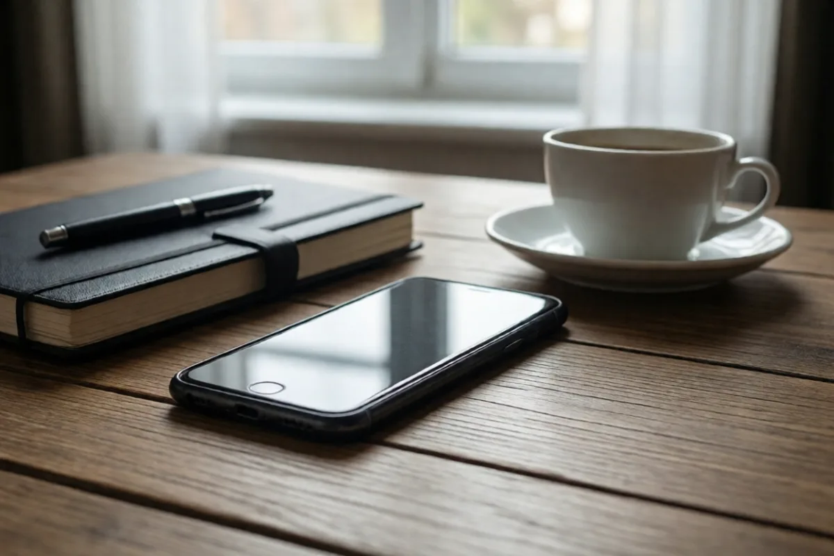 A phone and notebook on a table, ready to invest