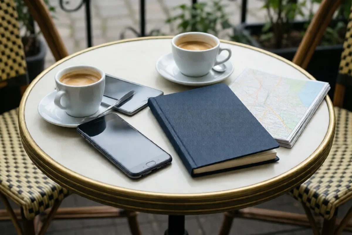 A phone and passport on a cafe table during a trip