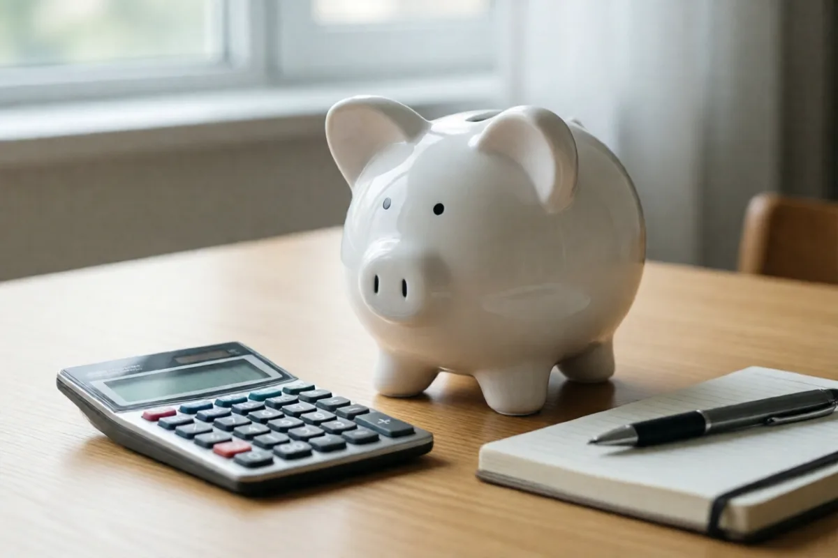 A piggy bank, calculator and notebook for planning savings