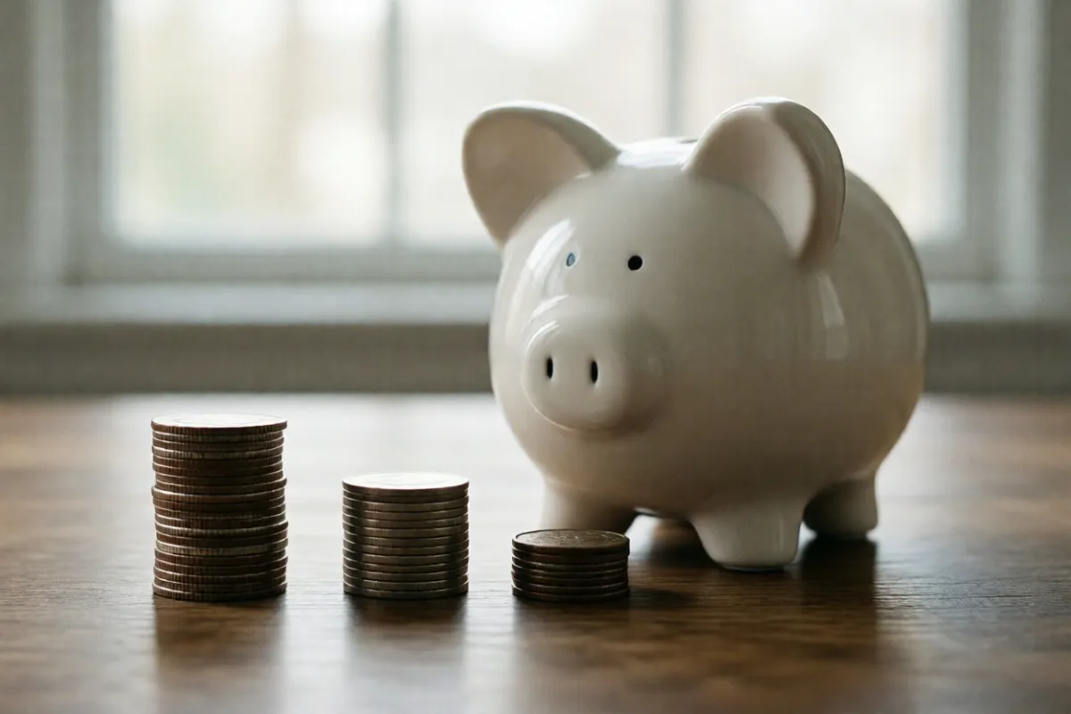 Stacks of coins shrinking beside a piggy bank