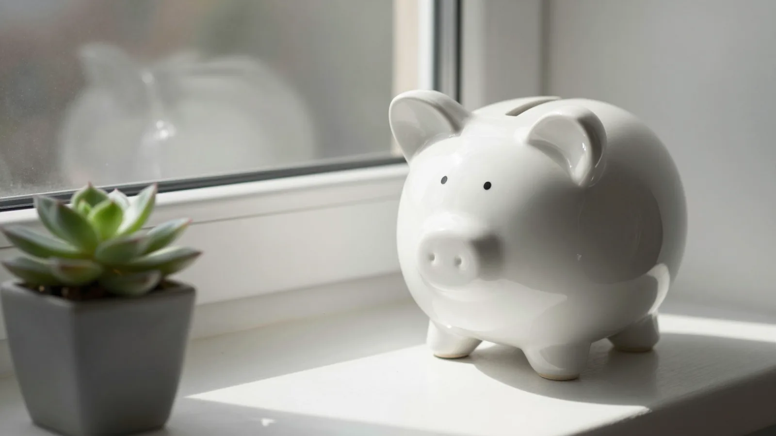 A piggy bank on a sunny windowsill, saving for an emergency fund