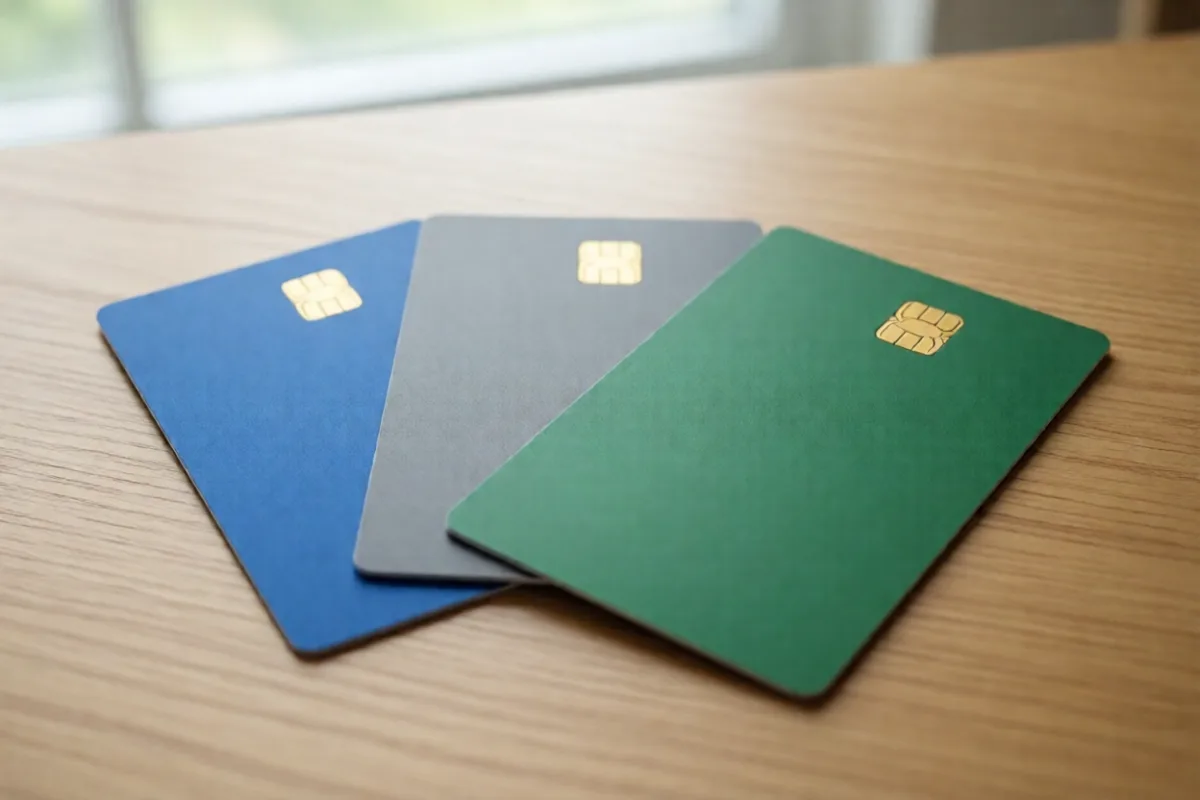 Three plain credit cards fanned out on a table