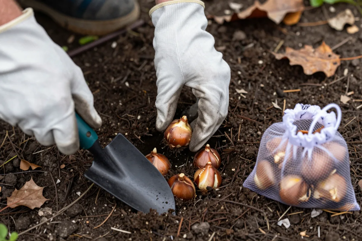 Planting tulip bulbs in a garden bed in the fall