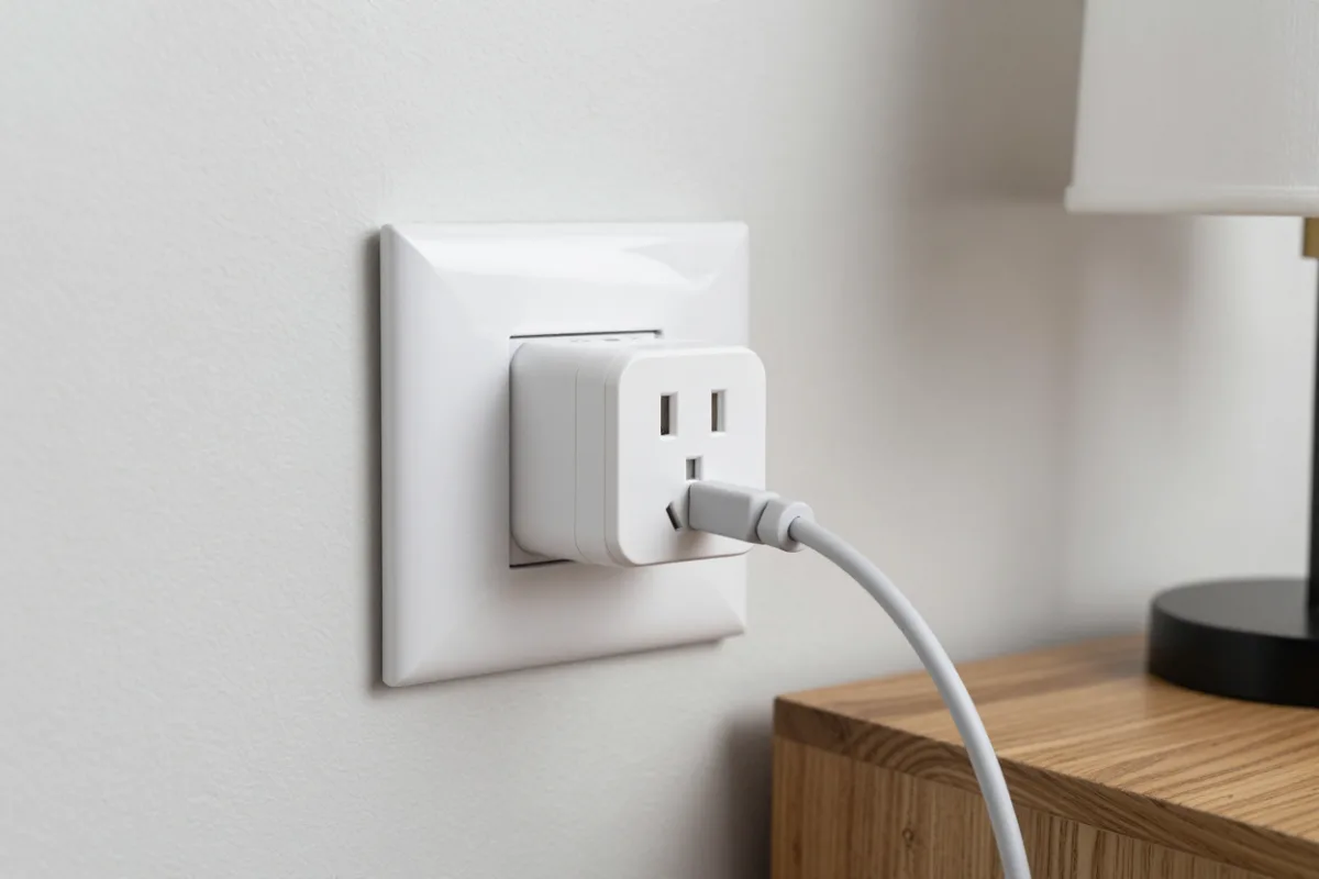 A small smart plug in a wall outlet, powering a lamp