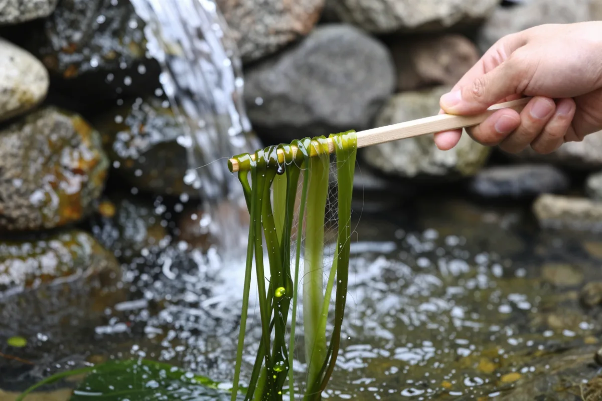 Twisting strands of string algae out of a pond waterfall onto a stick