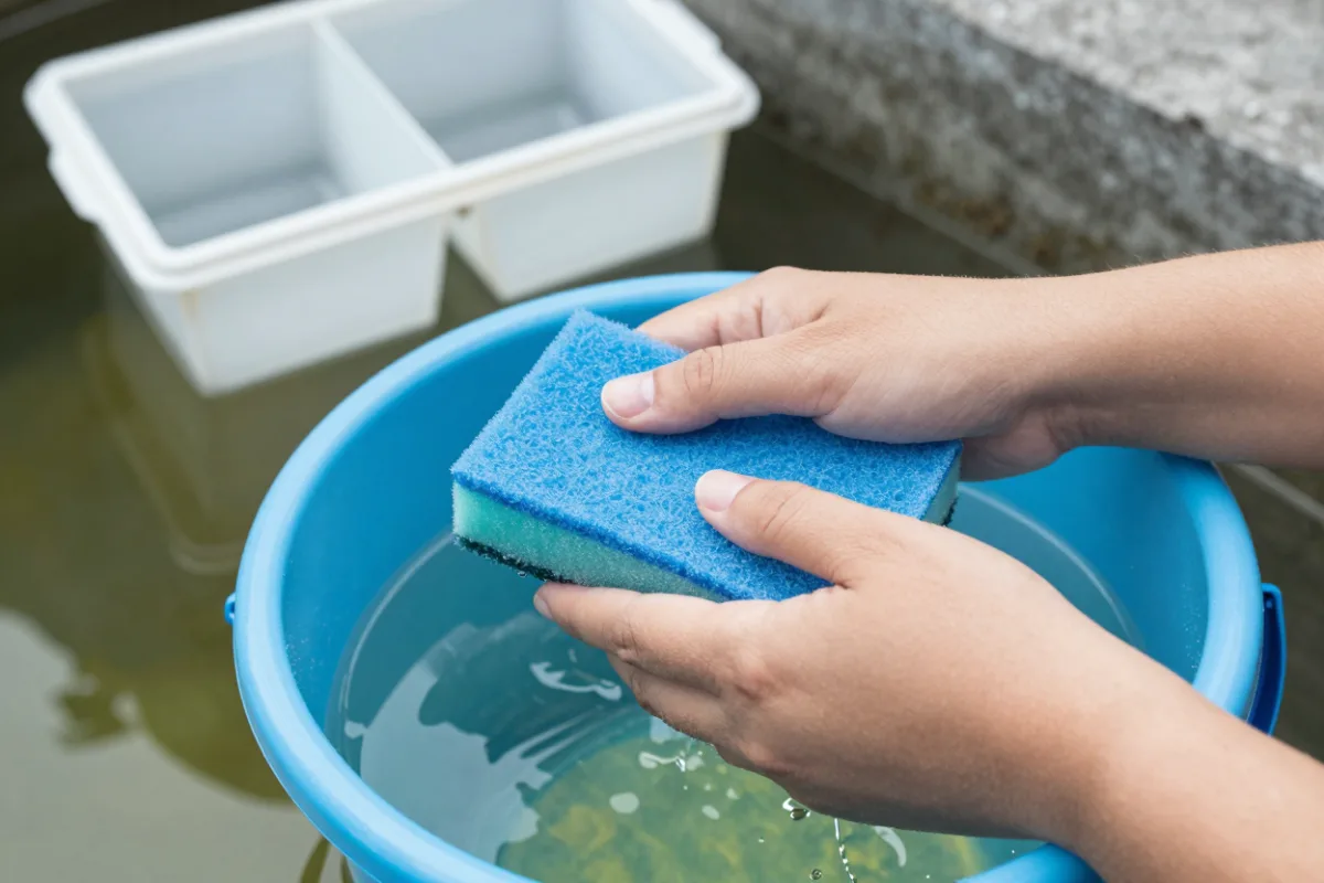 Rinsing a filter sponge in a bucket of pond water instead of tap water
