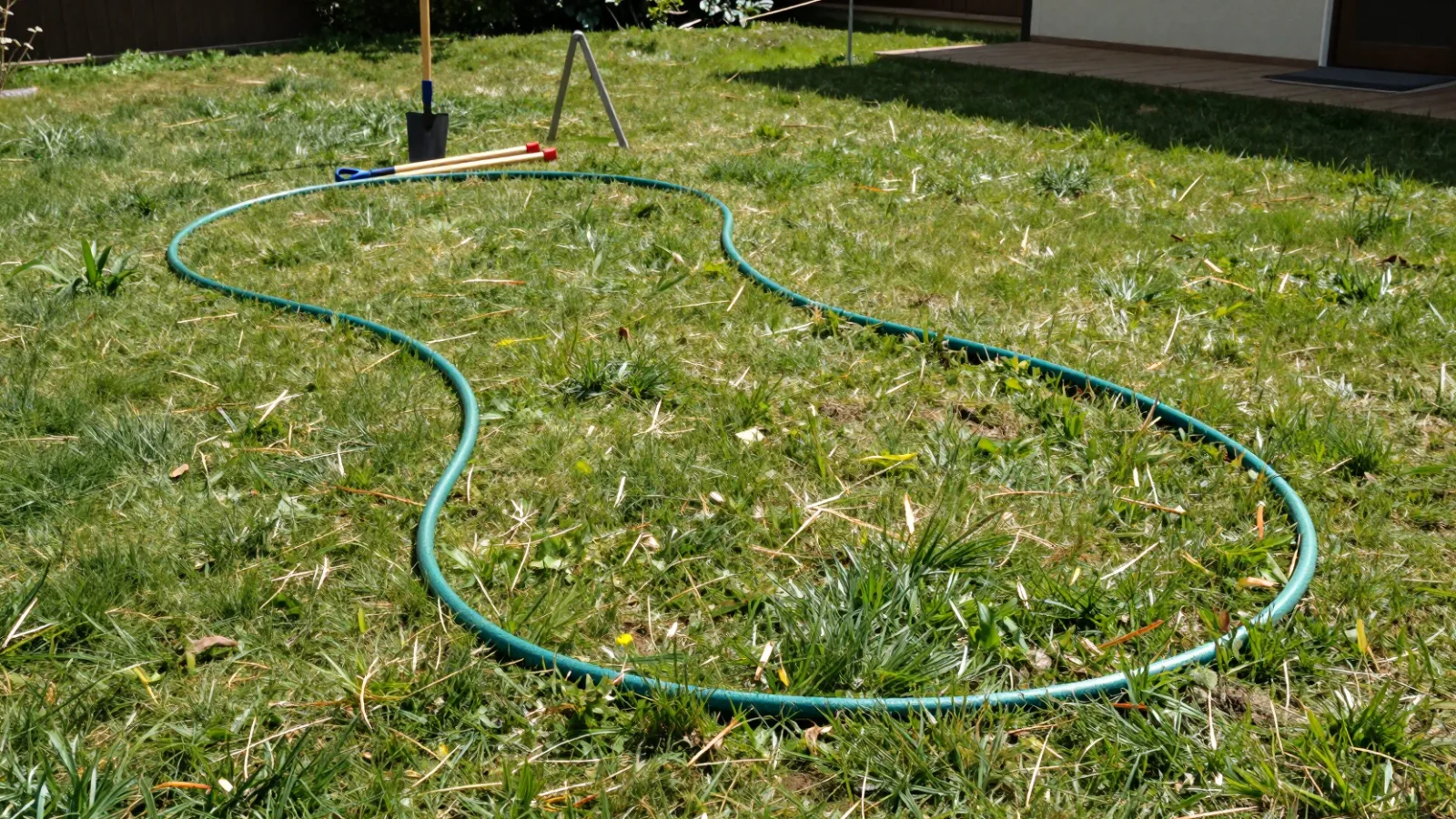 A garden hose marking the outline of a planned pond on a lawn