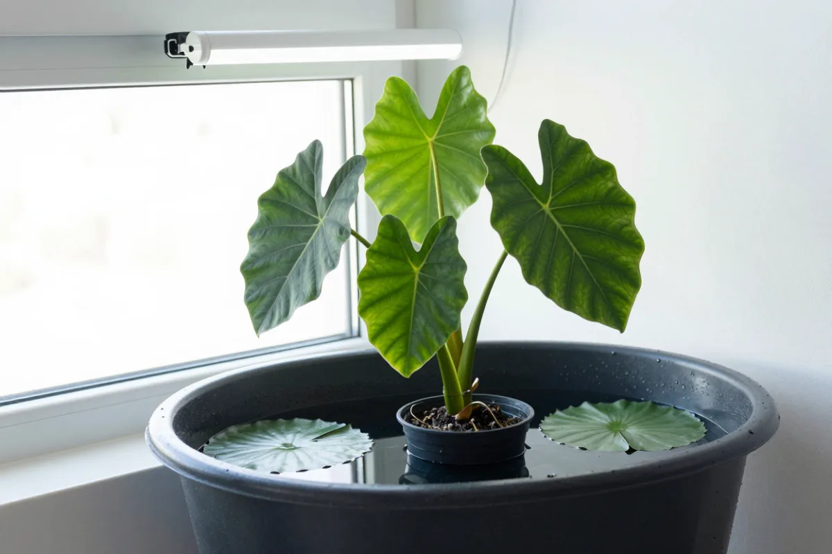 Tropical pond plants overwintering in a tub of water indoors