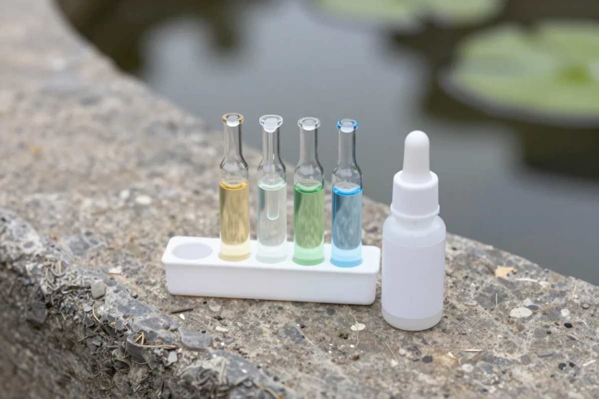 A pond water test kit with sample vials on the pond edge