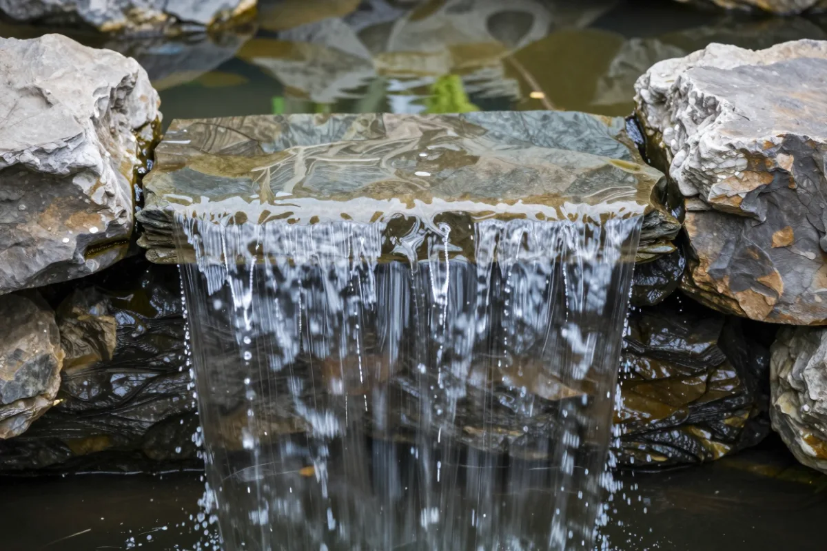 A flat slate spillway stone at the top of a waterfall, with water flowing over its lip in an even sheet