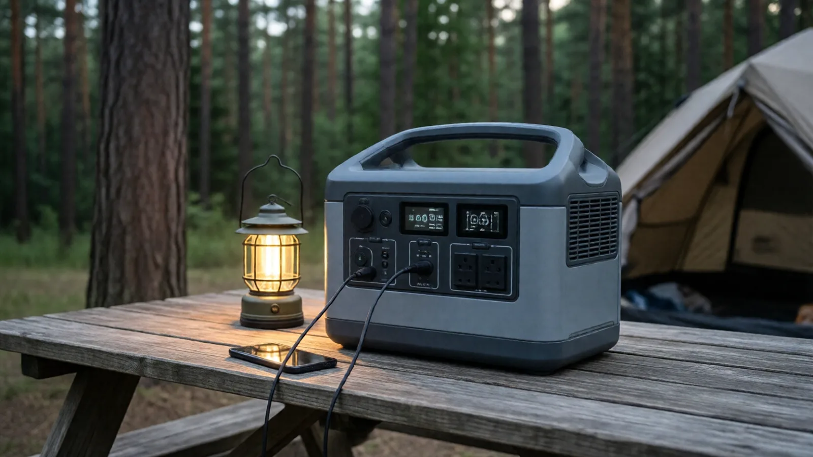 A portable power station on a picnic table at a campsite