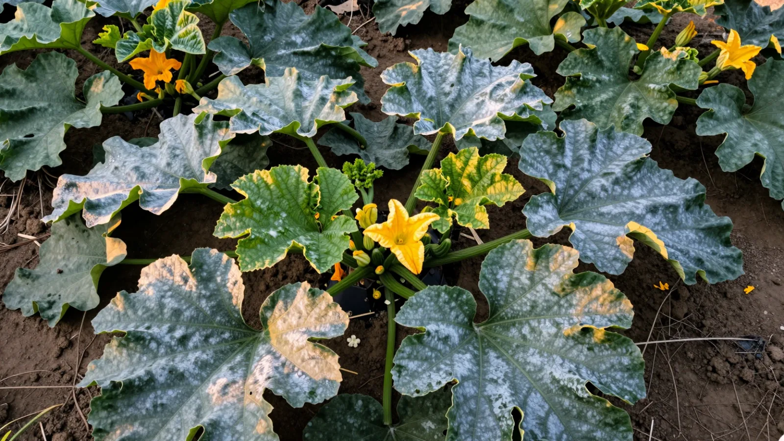 Squash leaves with white powdery mildew in a vegetable garden