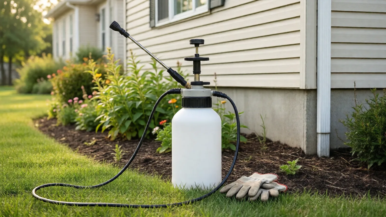 A pump sprayer beside a house foundation, ready for pest treatment
