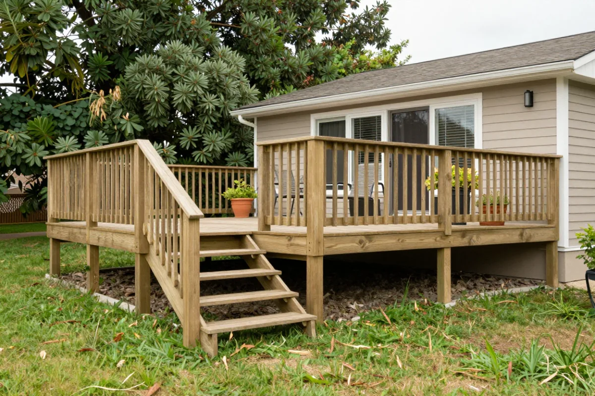 A raised wooden deck with railings and steps down to a sloping backyard lawn
