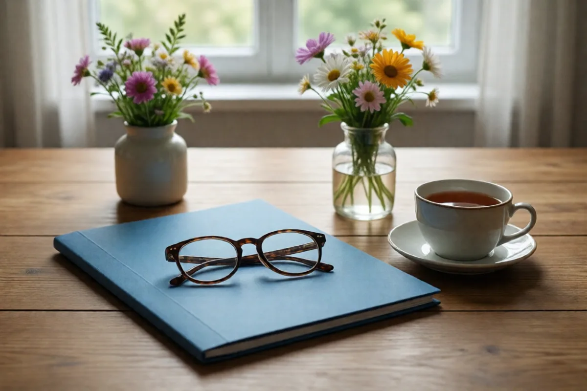 Reading glasses on a folder beside a cup of tea on a kitchen table