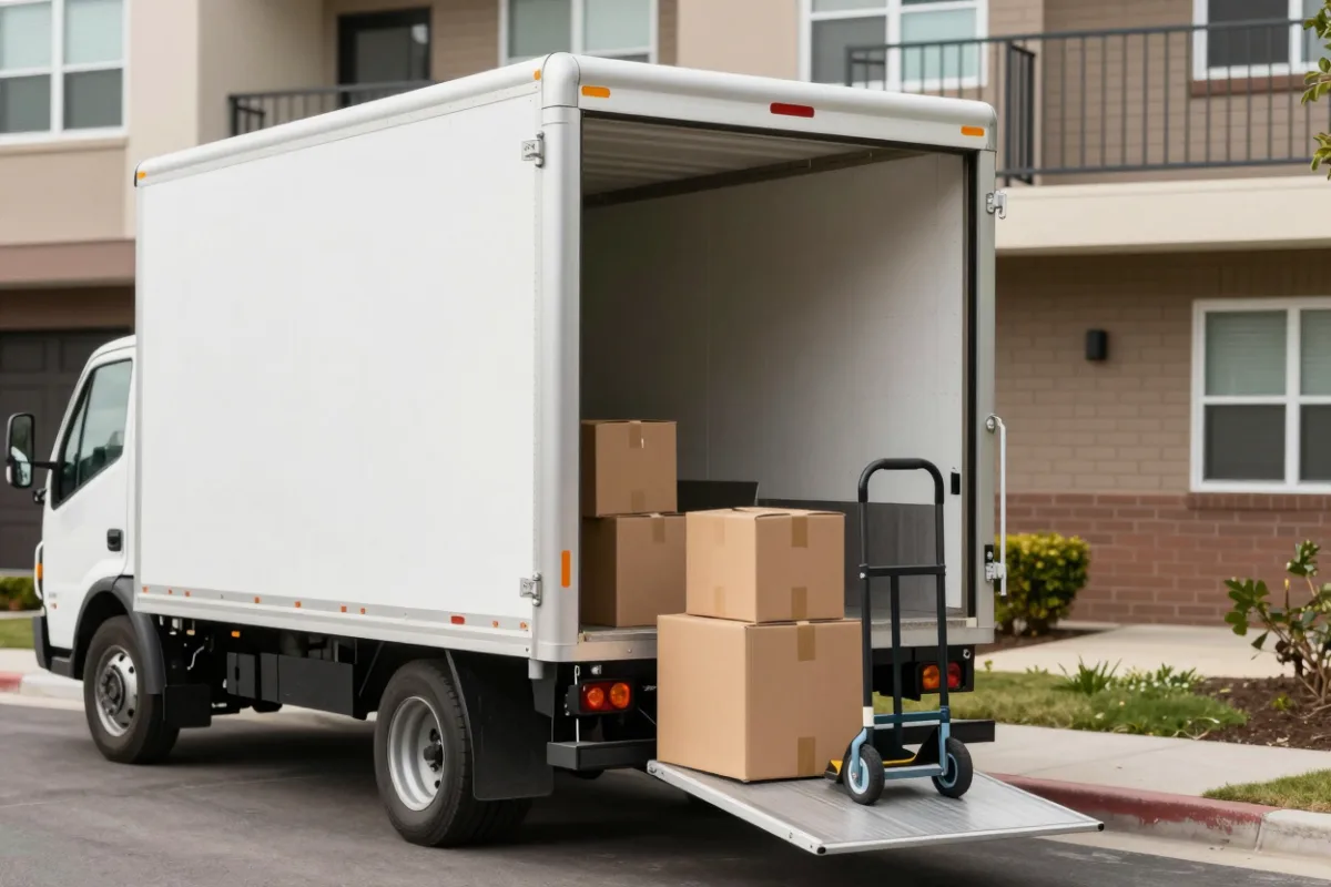 A rental moving truck with its ramp down outside an apartment building