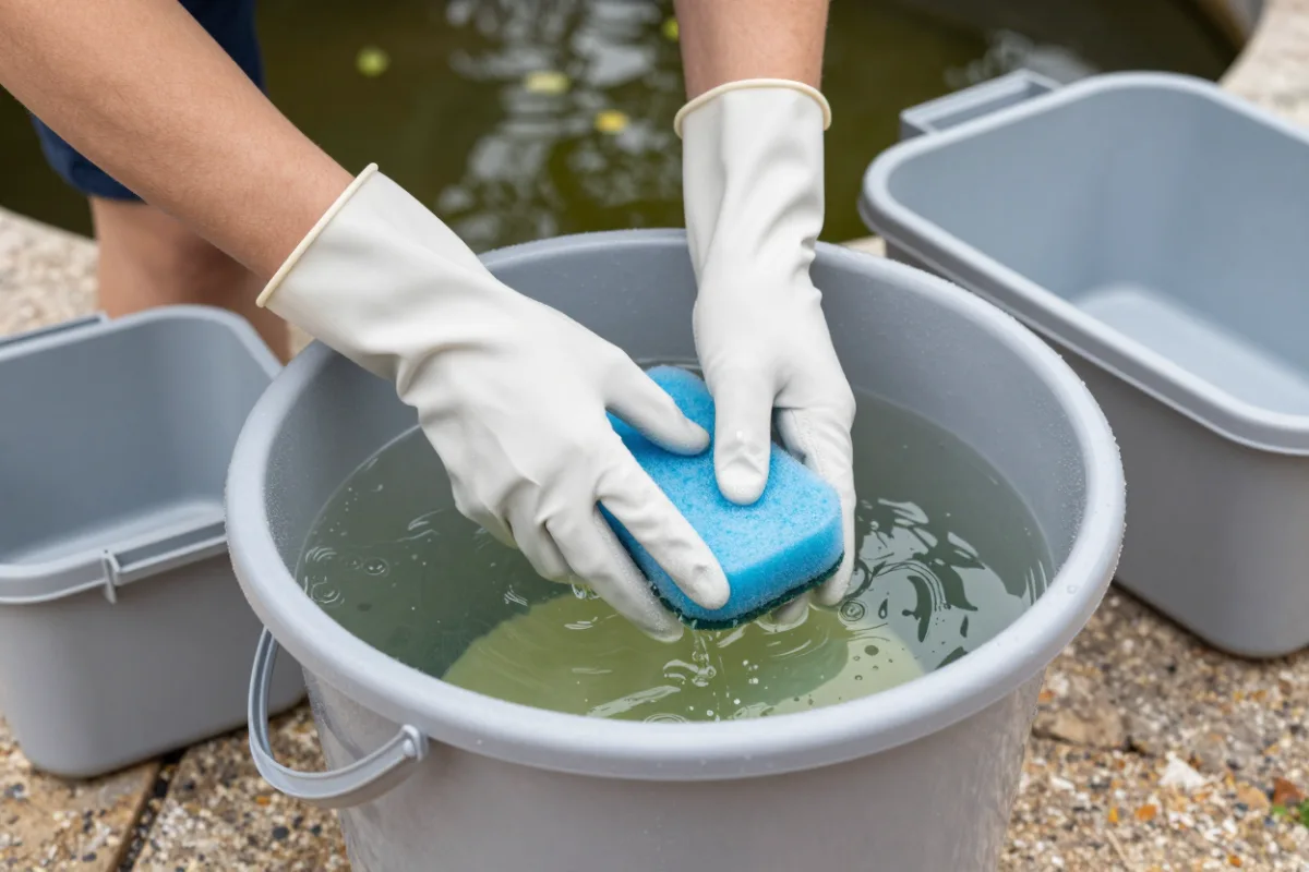 Rinsing a pond filter sponge in a bucket of pond water