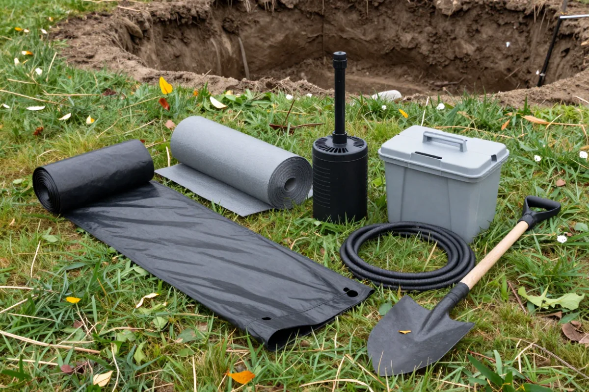 Pond liner, pump, filter and tubing ready to install beside a dug pond