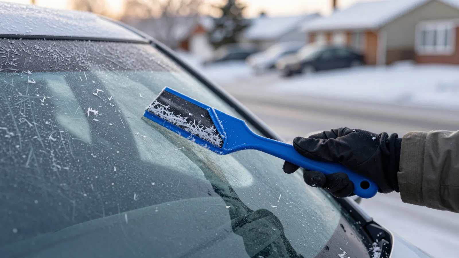 Scraping frost from a car windshield on a winter morning