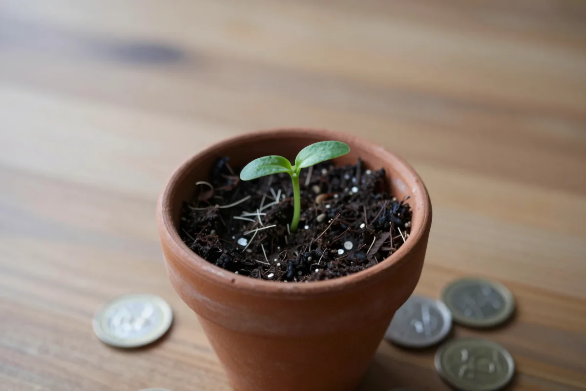 A seedling growing beside coins, representing new credit growing