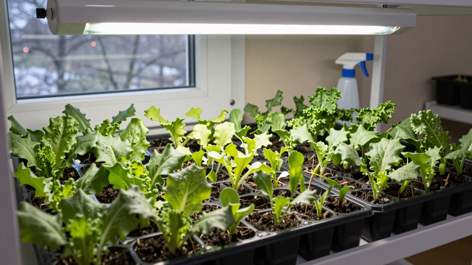 Healthy seedlings growing in trays under an LED grow light