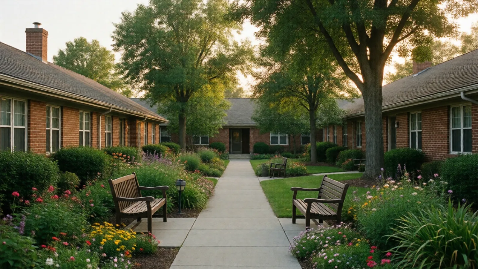 A senior living community with garden paths