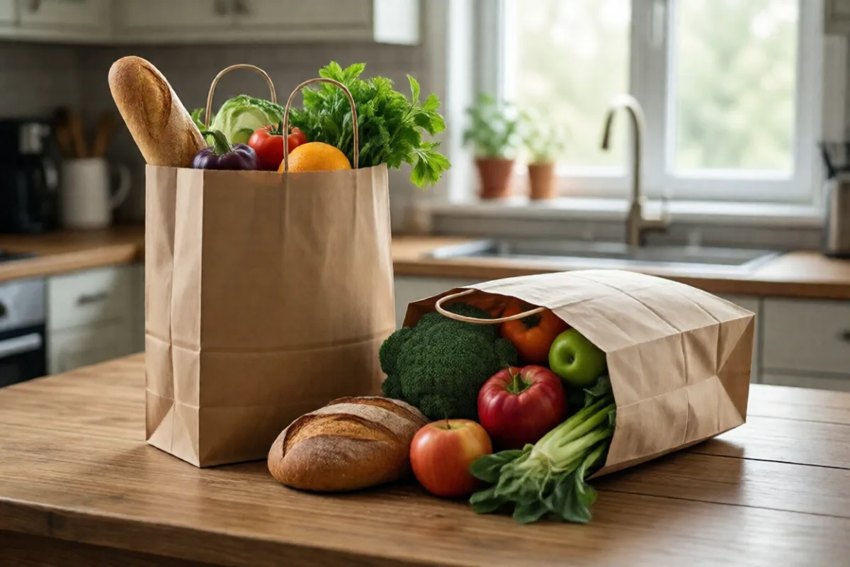 Grocery bags on a kitchen table