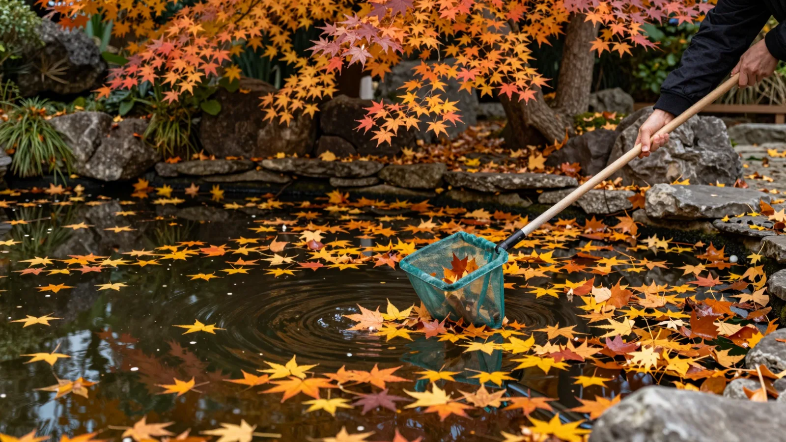 Skimming autumn leaves off the surface of a garden pond with a long-handled net