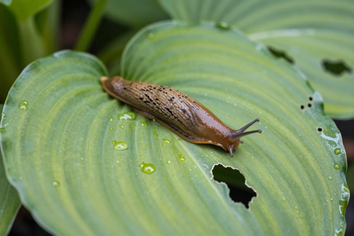 A slug on a hosta leaf with holes chewed in it