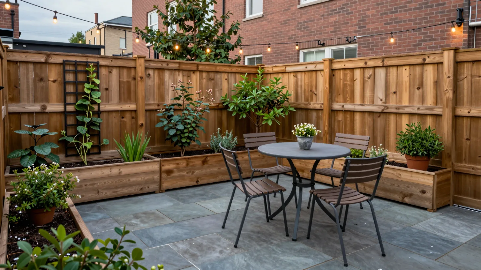 A small backyard with a patio, raised beds and climbing plants
