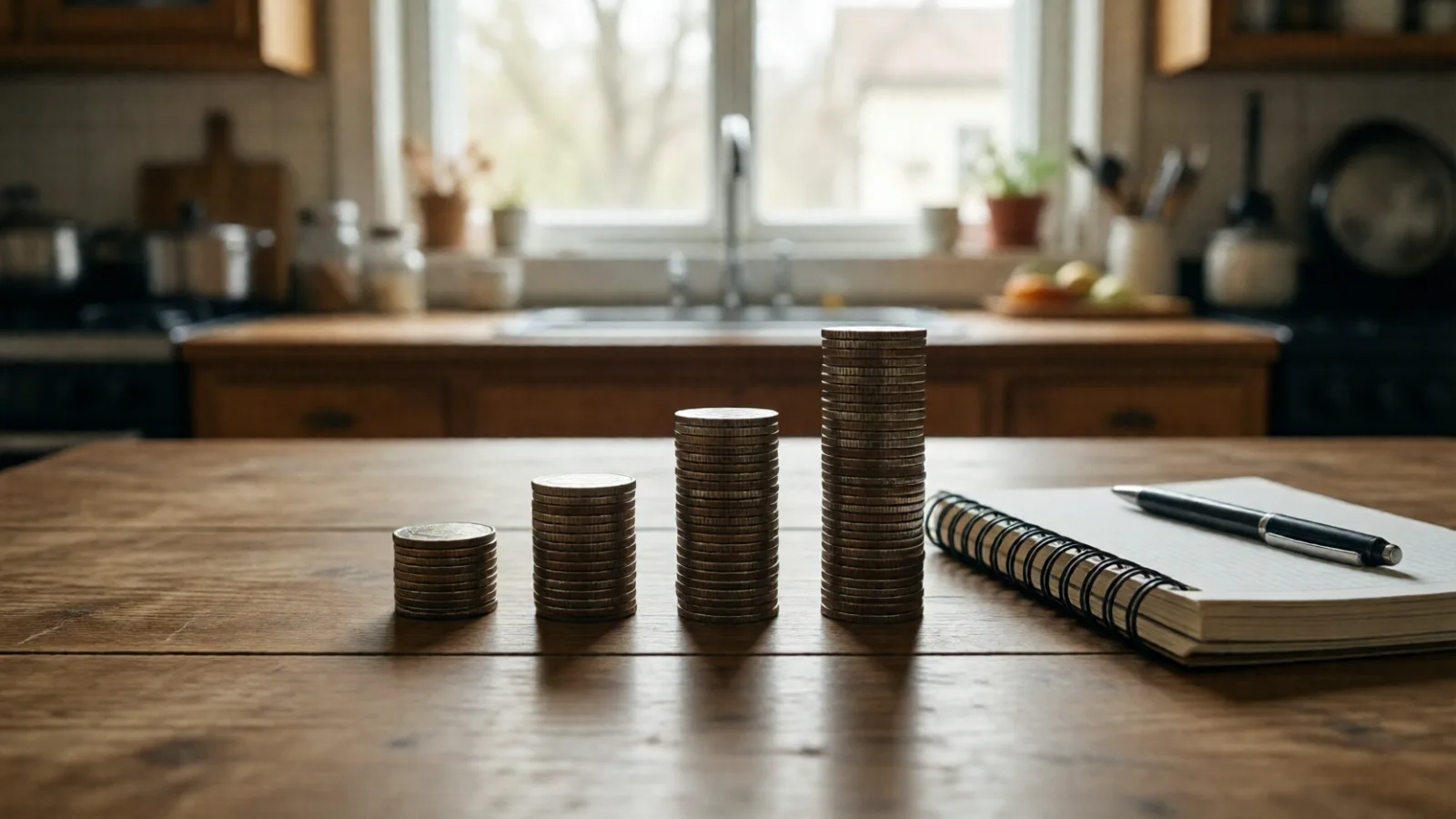 Small stacks of coins beside a notebook on a kitchen table