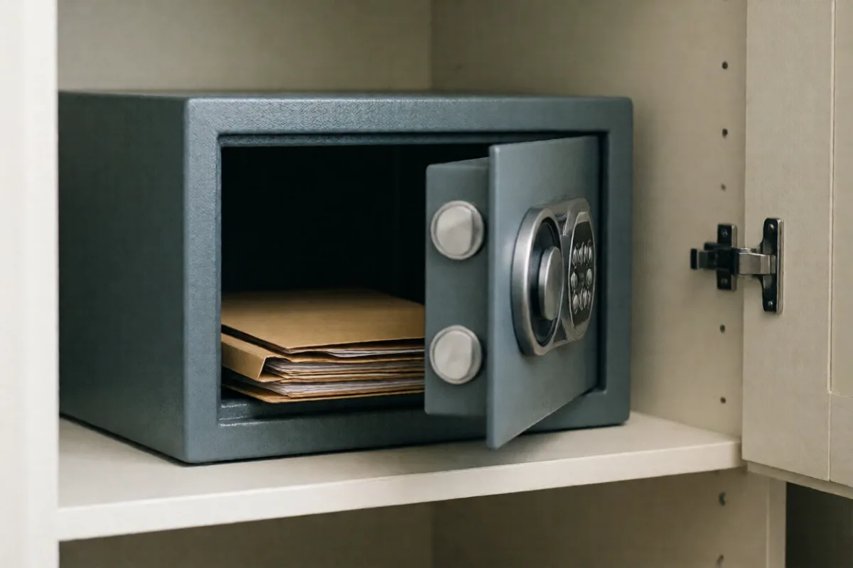 A small home safe holding a folder of documents