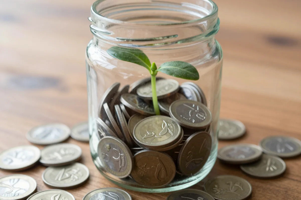 A seedling growing from a jar of coins, representing growing savings