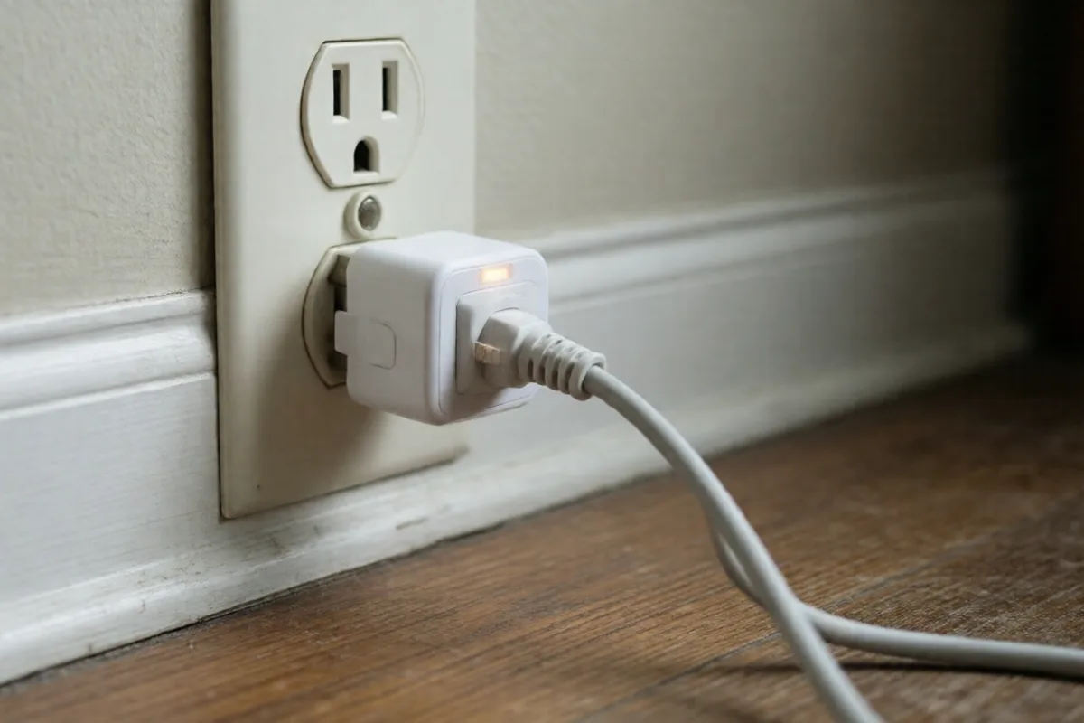 A smart plug in a wall outlet controlling a lamp