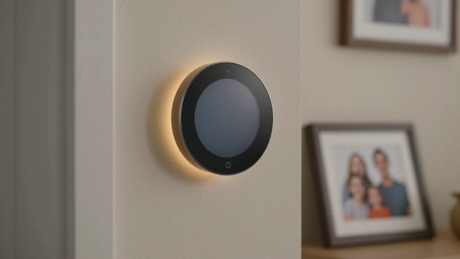 A smart thermostat on a hallway wall